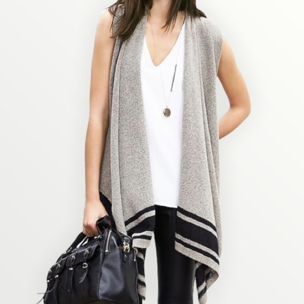 BANANA REPUBLIC Gray Black Striped Wool Alpaca Open Draped Sweater Vest sz XS